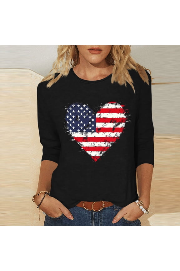 4th of July American Flag Tunic Top for Women Patriotic Stars and Stripes 3/4 Sleeve Crewneck Casual Loose Fit Summer Party Shirt Tops