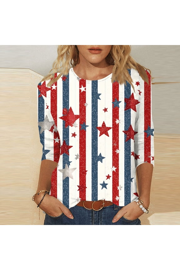 4th of July American Flag Tunic Top for Women Patriotic Stars and Stripes 3/4 Sleeve Crewneck Casual Loose Fit Summer Party Shirt Tops