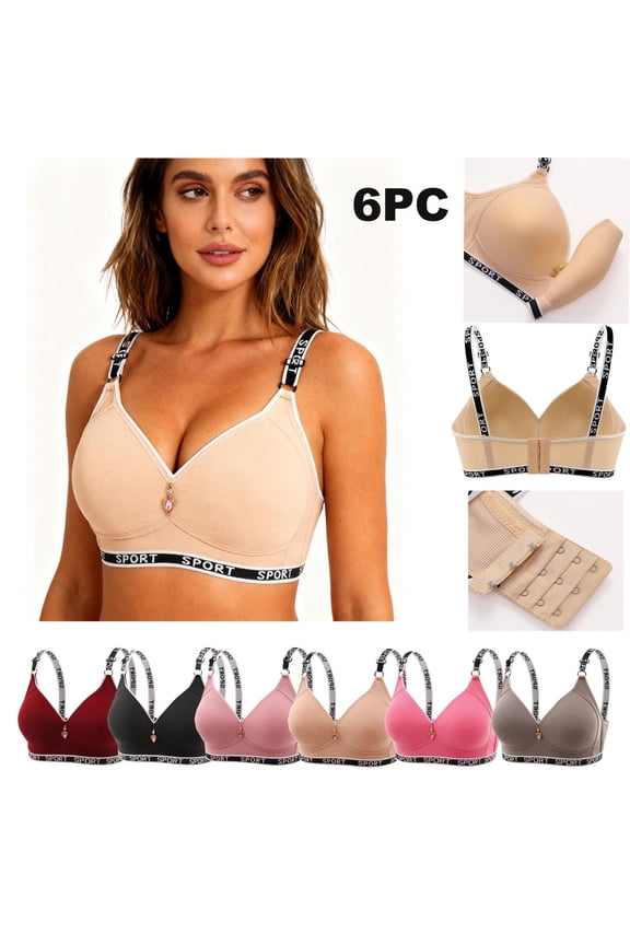 6Pcs Sport Bras for Women Plus Size No Underwire Breathable Athletic Sport Air Bra Full Support Comfort Push-Up Bralette with Pendant