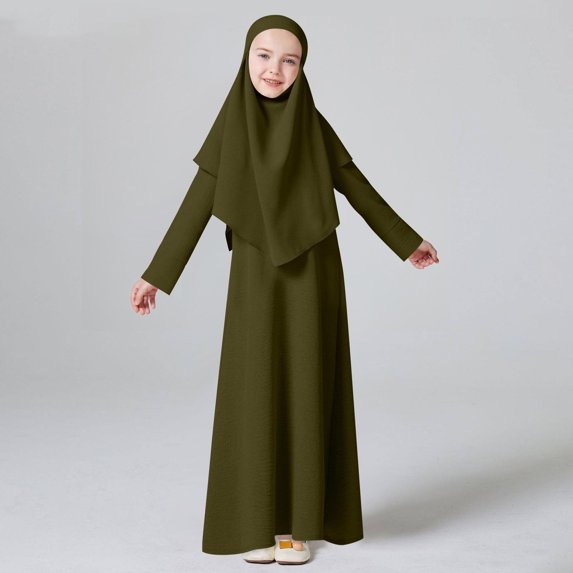 Xdegoge Abaya Dress for Girls Long Sleeve Round Neck Prayer Dress Ramadan Kaftan Abaya with Hijab Set , Islamic Clothes, Robe For Eid, Ramadan Size 4-12