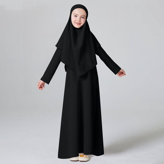 Xdegoge Abaya Dress for Girls Long Sleeve Round Neck Prayer Dress Ramadan Kaftan Abaya with Hijab Set , Islamic Clothes, Robe For Eid, Ramadan Size 4-12