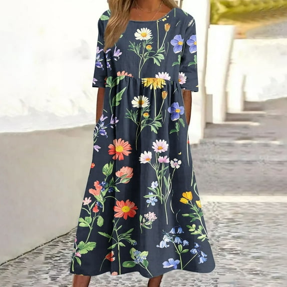 Xdegoge My Account History Summer Dresses for Women 2025 Vacation Half Sleeve Fashion Casual Floral Dress Flowy A Line Maxi Dress Crew Neck Boho Beach Sundress with Pockets Flash for Today