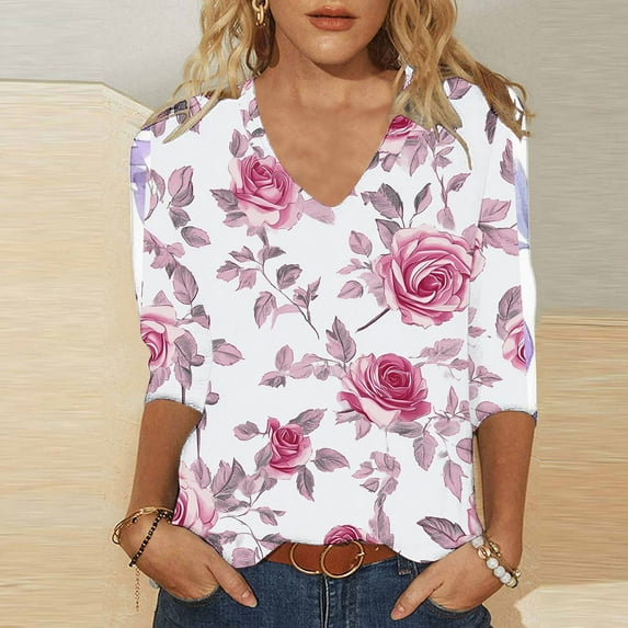 Xdegoge Add To Today 3/4 Sleeve T Shirts For Women Floral V Neck T Shirts Going Out Summer Fashion Tops 2025 Dressy Casual Shirts Y2K Cute Boho Shirts Missing Items From Delivery