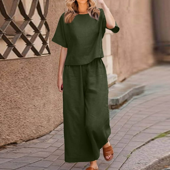 Xdegoge Linen Sets for Women 2 Piece Short Sleeve Crew Neck Shirts Wide Leg Pants Sets Matching Summer Casual Clothes Beach Vacation Outfits