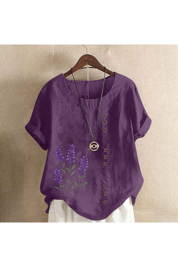 Linen Shirts for Women Short Sleeve Crewneck Shirts Casual Floral Summer Tops Oversized Cute Tshirts Vacation Beach T Shirts Soft Comfy Pullover Blouses