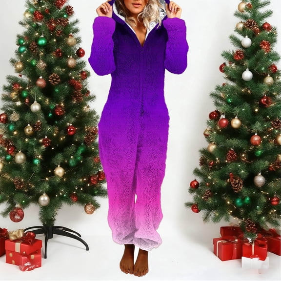 Xdegoge Adult Onesie Pajamas Womens Fleece Gradient Zip Up Fuzzy Pjs Loungewear Sleep Pajama One Piece Hooded Funny Jumpsuits Homewear
