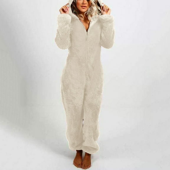Xdegoge Adult Onesie Pjs for Women Plus Size Fleece Long Sleeve Romper Winter Fuzzy Jumpsuits Loungewear Solid Color Cozy Hooded Zip Up Onesies Cute Pajamas