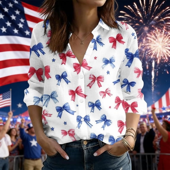 Xdegoge American Flag Button Down Shirts for Women 4th of July Long Sleeve V Neck Blouse Retro Stars and Stripes Patriotic Tops Casual Independence Day Clothes