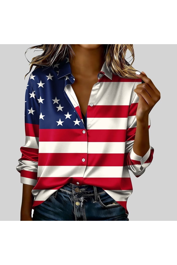 American Flag Button Down for Women Long Sleeve Lapel Collar Patriotic Stars And Stripes Print Shirt Loose Fit 4th of July Summer Casual Daily Wear Tops