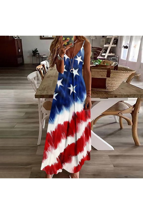 American Flag Dresses for Women Loose Fit Spaghetti Strap V-Neck Slip Dress American Flag Print Flowy Maxi Dresses Summer 18Th of July