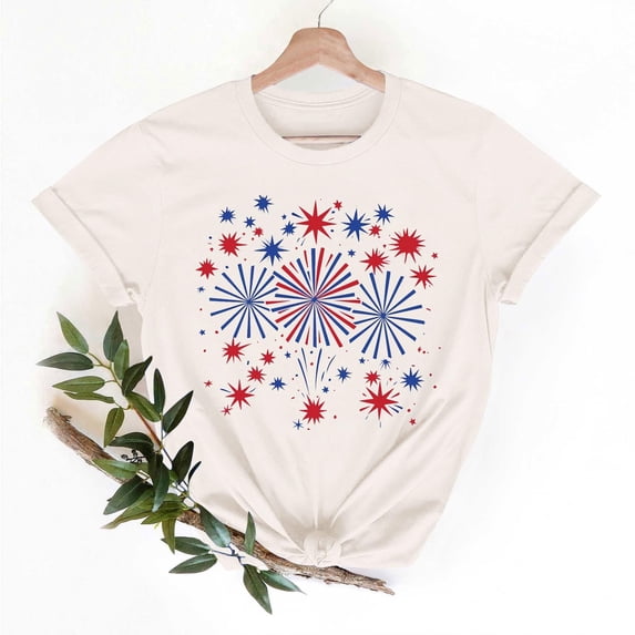 Xdegoge American Flag Firework Graphic Tee Shirt for Women Short Sleeve Crewneck Casual Summer Loose Fit Independence Day Celebration Fireworks Show Holiday Shirts