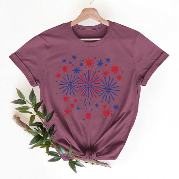 Xdegoge American Flag Firework Graphic Tee Shirt for Women Short Sleeve Crewneck Casual Summer Loose Fit Independence Day Celebration Fireworks Show Holiday Shirts