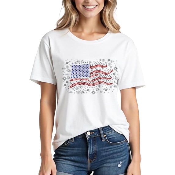 Xdegoge American Flag Patriotic 4th of July Sparkly Graphic T Shirt for Women Short Sleeve Crewneck Loose Casual Top USA Pride Summer Tee Holiday Party Fashion Shirts