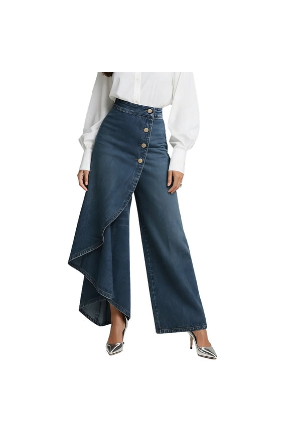Asymmetric Ruffle Denim Pants for Women High Waisted Button Fly Wide Leg Jeans Statement Flare Trousers Unique Layered Design Fashion Palazzo Bottoms Straight Leg Denim