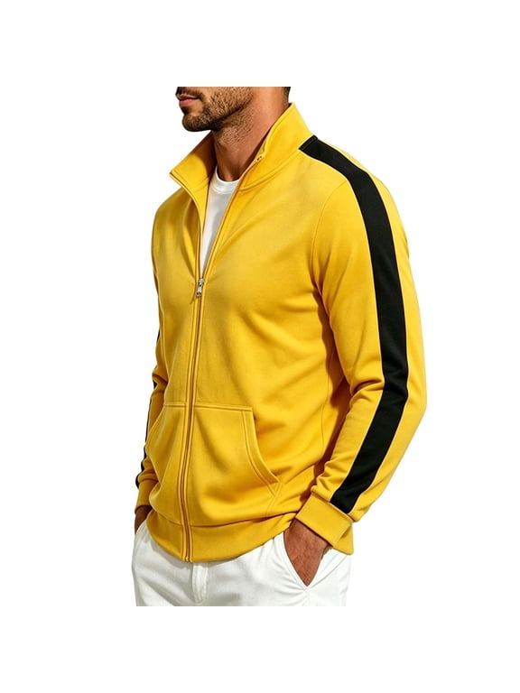 Athletic Full Zip Track Jackets for Men Mock Neck Casual Activewear Long Sleeve Workout Coats with Pockets and Side Stripes for Gym Running Exercise