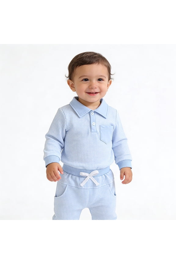 Baby Boys Gingham Plaid Polo Shirt and Joggers Set 2 Piece Long Sleeve Lapel Neck Pullover with Pocket Infant Spring Outfits, 0M-3T