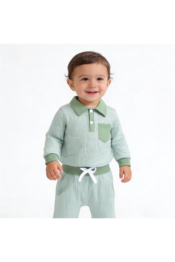 Baby Boys Gingham Plaid Polo Shirt and Joggers Set 2 Piece Long Sleeve Lapel Neck Pullover with Pocket Infant Spring Outfits, 0M-3T