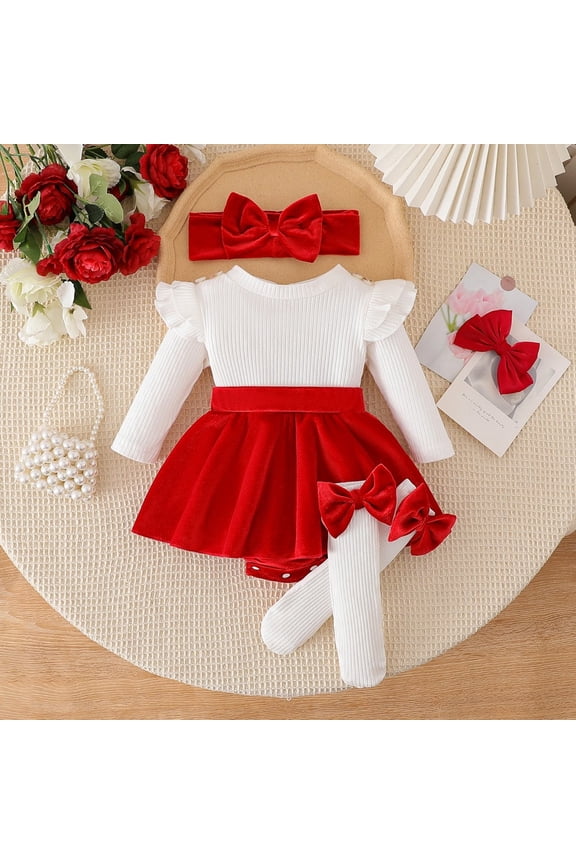 Baby Girl 3 Piece Christmas Outfits Long Sleeve Ruffle Ribbed Bodysuit Velvet Tutu Skirt with Bow Headband and Leggings, 1T-18M