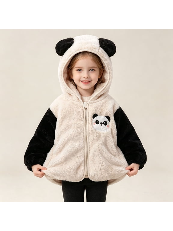 Baby Girls Fuzzy Fleece Hooded Jacket Cute Panda Zip Up Plush Coat Winter Warm Thick Outerwear for Holiday, 0-12M