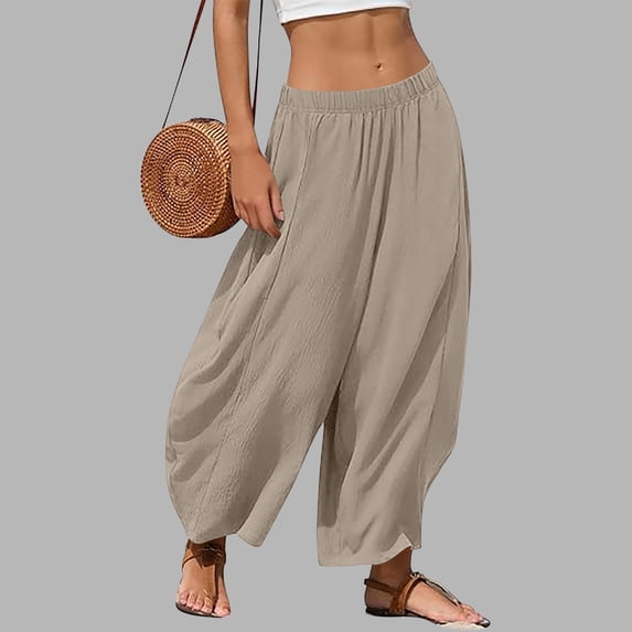 Xdegoge Baggy Harem Pants for Women Elastic Waist Lantern Trousers Casual Flowy Wide Leg Lounge Bottoms Summer Beachwear