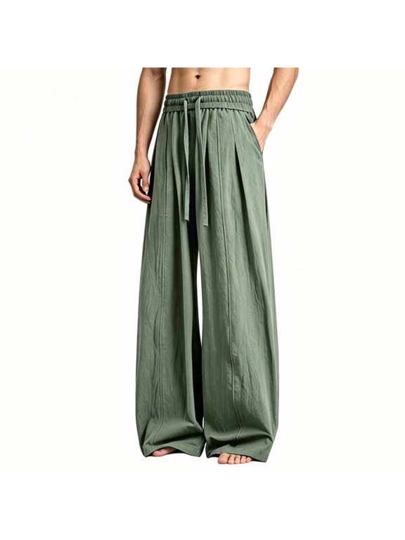 Baggy Linen Pants Men Casual Wide Leg Yoga Elastic Waist Drawstring Trousers Beach Lounge Lightweight Loose Fit Boho Streetwear Bottoms