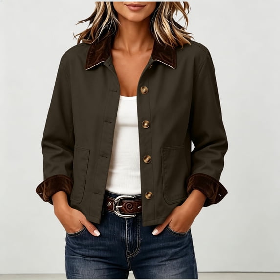 Xdegoge Barn Jackets for Women Corduroy Lapel Collar Fall Utility Cropped Jacket Button Down Casual Lightweight Fall Work Outerwear with Pockets