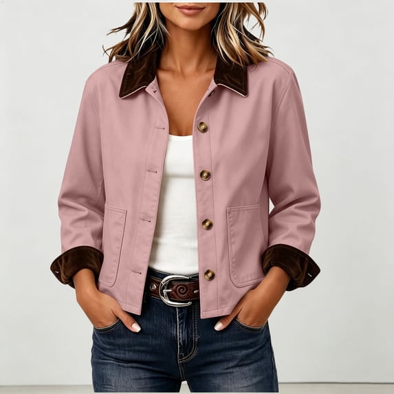 Xdegoge Barn Jackets for Women Corduroy Lapel Collar Fall Utility Cropped Jacket Button Down Casual Lightweight Fall Work Outerwear with Pockets