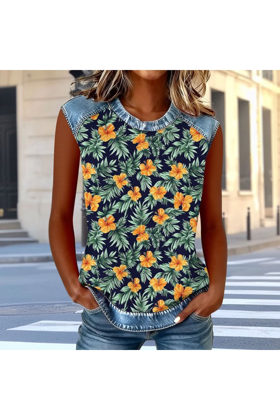 Basic Tops for Woman Round Neck Denim Trim Vine Leaf Print Tees and Tanks Sleeveless Summer Tops Botanical Pattern Beach Vacation Wear