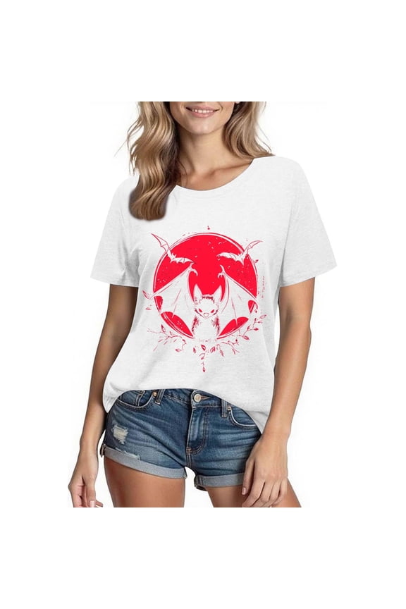 Bat Cat Moon T-Shirt for Women Short Sleeve Crew Neck Halloween Themed Graphic Tee Festival Wear