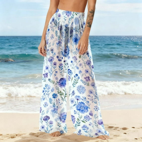 Xdegoge Beach Cover Ups for Women High Waisted Wide Leg Pants Swimwear Coverup Sheer Mesh Gradient Color Flowy Flattering Summer Vacation Bathing Suit