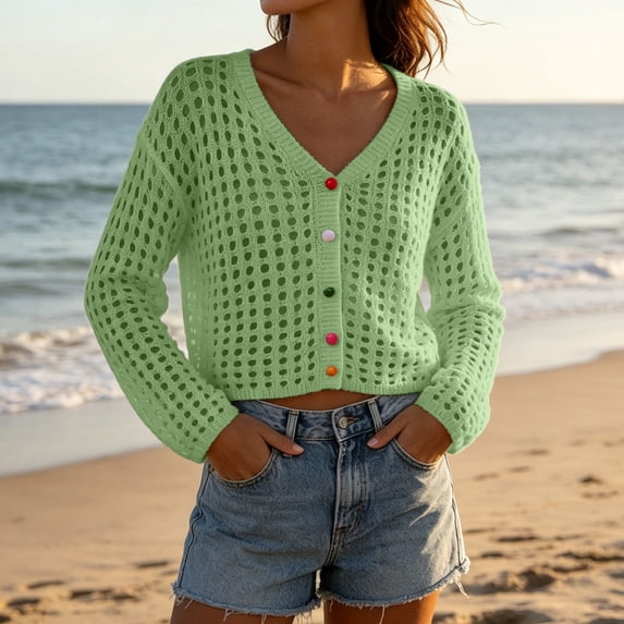 Xdegoge Beach Coverups for Women Cropped Crochet Cardigan V Neck Long Sleeve Open Stitch Knit Sweater Colorful Button Front Short Jacket