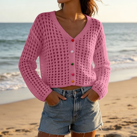 Xdegoge Beach Coverups for Women Cropped Crochet Cardigan V Neck Long Sleeve Open Stitch Knit Sweater Colorful Button Front Short Jacket