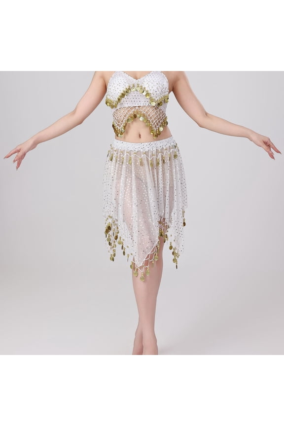 Belly Dance Skirt Genie Costume for Women Sequin Mesh Stretchy Waist Tassel Skirts Dancing Performance Sparkly Festival Outfits