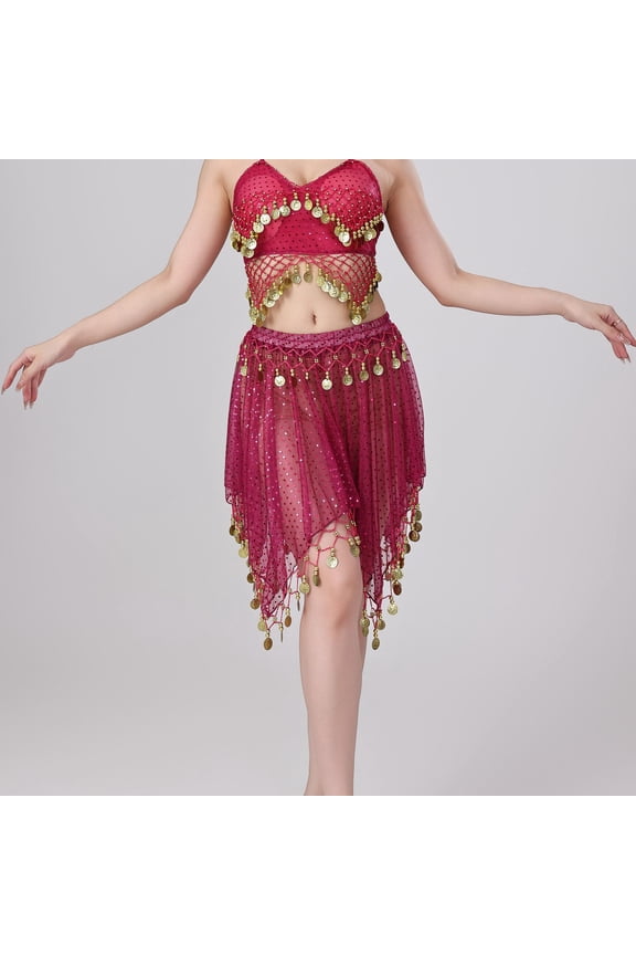 Belly Dance Skirt Genie Costume for Women Sequin Mesh Stretchy Waist Tassel Skirts Dancing Performance Sparkly Festival Outfits