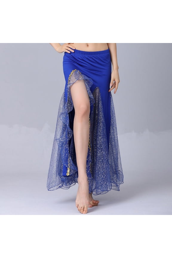 Belly Dance Skirts for Women Sequin High Split Dancing Stage Performance Wrap Hip Skirt Stretch Ruffle Flowy Beach Rave Party Sparkly Costume