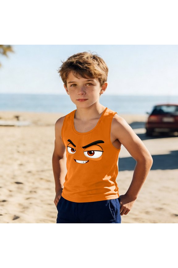 Big Boys Novelty Graphic Muscle Shirt Cute Mischievous Smirk Print Sleeveless Casual Playwear School Tops Breathable Comfy Athletic Summer Vacation Activewear