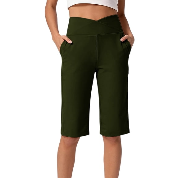 Xdegoge Biker Shorts for Women Crossover High Waisted Workout Yoga Shorts Knee Length Athletic Leggings Tummy Control Flattering Gym Running Activewear Spandex