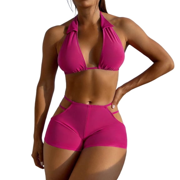 Xdegoge Bikini Set for Women 2 Piece, Haltered Top with Cut Out Side Shorts, High Waisted Swimwear, Tummy Control, Summer Beach Outfit