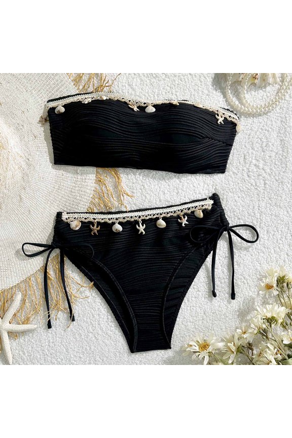 Bikini Sets for Women Bandeau High Waisted Two Piece Bathing Suits Crinkle Seashell Details Tummy Control Flattering Pool Party Swimming Suits