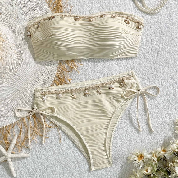 Xdegoge Bikini Sets for Women Bandeau High Waisted Two Piece Bathing Suits Crinkle Seashell Details Tummy Control Flattering Pool Party Swimming Suits