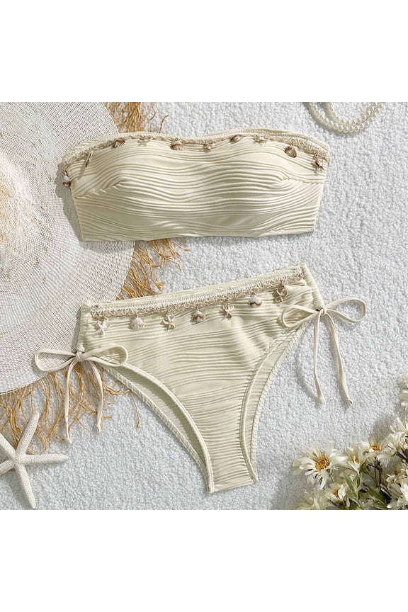 Bikini Sets for Women Bandeau High Waisted Two Piece Bathing Suits Crinkle Seashell Details Tummy Control Flattering Pool Party Swimming Suits