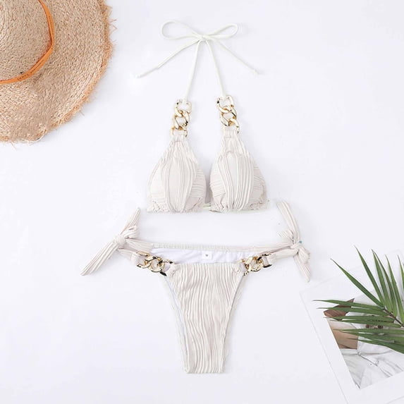 Xdegoge Bikini Sets for Women Halter Triangle Top Tie Side High Cut Two Piece Bathing Suits Crinkle Ribbed Metal Chain Link Details Flattering Pool Party