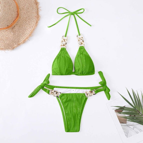 Xdegoge Bikini Sets for Women Halter Triangle Top Tie Side High Cut Two Piece Bathing Suits Crinkle Ribbed Metal Chain Link Details Flattering Pool Party