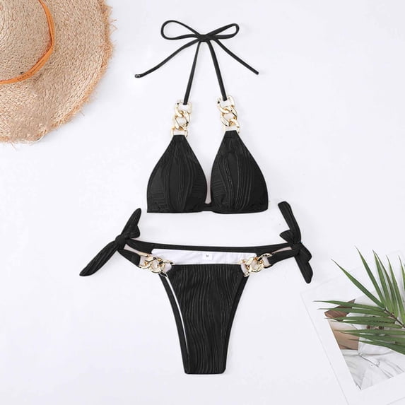 Xdegoge Bikini Sets for Women Halter Triangle Top Tie Side High Cut Two Piece Bathing Suits Crinkle Ribbed Metal Chain Link Details Flattering Pool Party