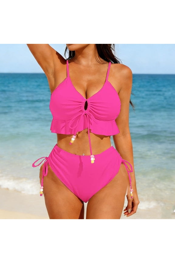 Bikini Sets for Women Plunge V Neck Ruffle Trim Top High Waisted Ruched Bottom Two Piece Bathing Suits Ribbed Beaded Details Flattering Pool Party