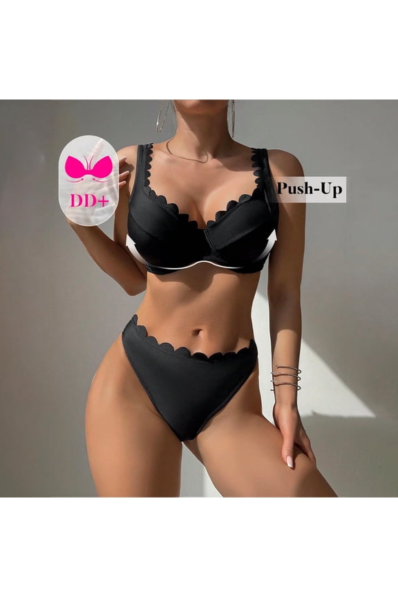 Bikini Sets for Women Underwire Push Up Top High Cut Bottom Two Piece Bathing Suits Smooth Solid Color Scalloped Details Flattering Summer Beachwear