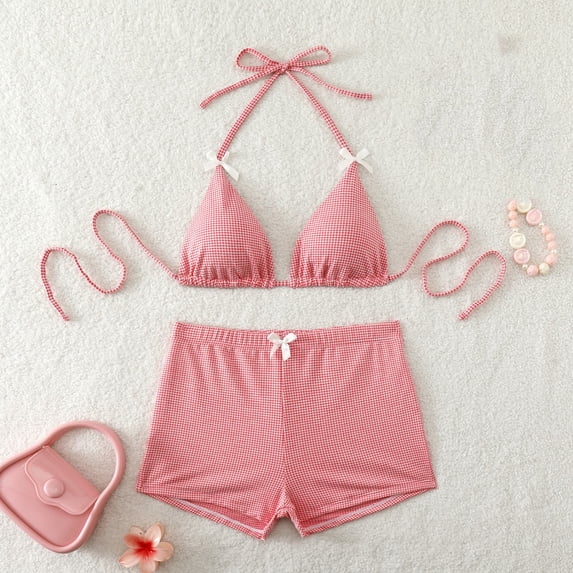 Xdegoge Bikini Sets for Women Halter Triangle Boyshorts Two Piece Bathing Suits Stretchy Plaid Gingham Bow Tie Modest Coverage Beach Swimwear