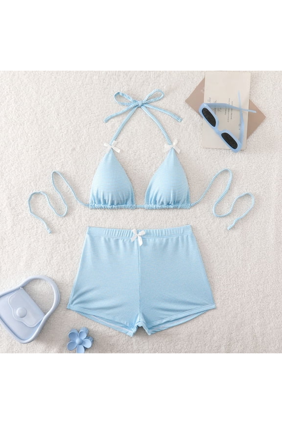 Bikini Sets for Women Halter Triangle Boyshorts Two Piece Bathing Suits Stretchy Plaid Gingham Bow Tie Modest Coverage Beach Swimwear