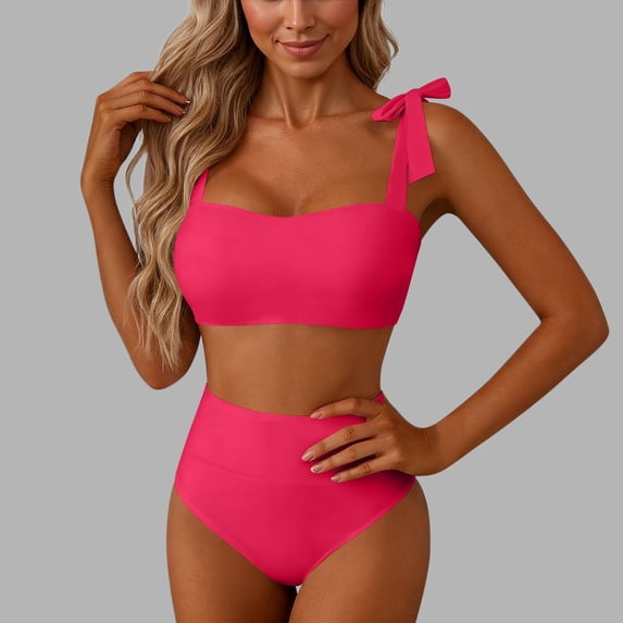 Xdegoge Bikini Sets for Women Square Neck Tie Shoulder Top High Waisted High Cut Bottom Two Piece Bathing Suits Smooth Solid Flattering Pool Party