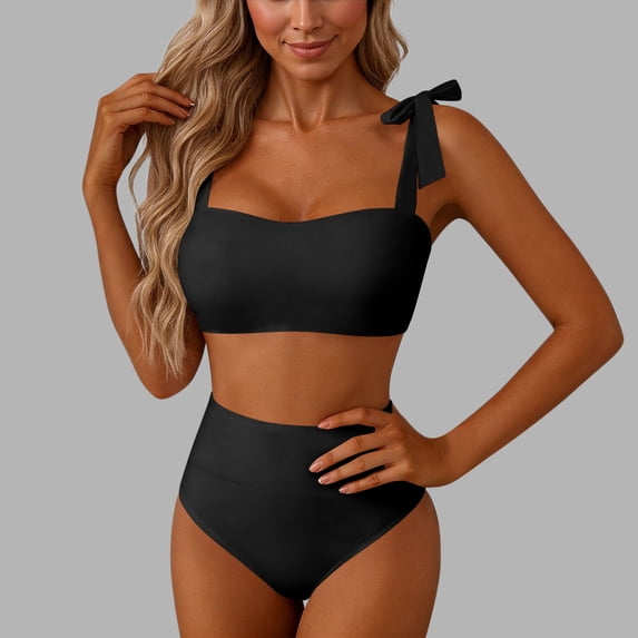 Xdegoge Bikini Sets for Women Square Neck Tie Shoulder Top High Waisted High Cut Bottom Two Piece Bathing Suits Smooth Solid Flattering Pool Party